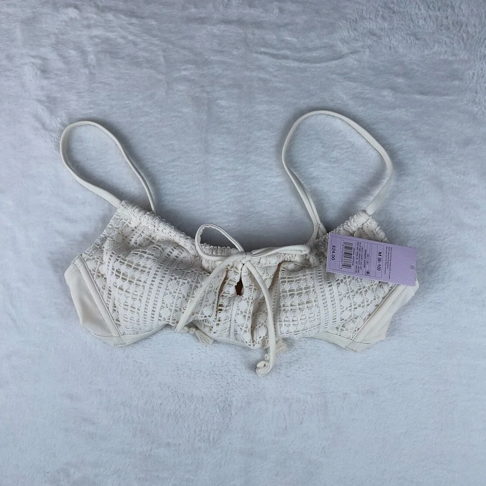 Wild Fable Bralette Bikini Top Women's M‎ Cream Removable Cups Crochet Tie-Front